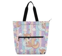 Amooorous Decorative Kids Tote Bags for Kids Women Men, Cartoon Pastel Squirrels Rainbow Stripes Water-resistant Handbags Grocery Beach Bag with Zipper Pockets for School Shopping Beach Rainbow para