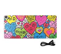 Amooorous Doodle Art Colorful Hearts Leather Heated Mouse Pad 31.5 x 13 In Winter Warmer Keyboard Pad for Office Table Gaming,Study