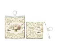 Amooorous European Retro Green Pattern Clear Plastic Food Organizer Storage with lid Dresser Essentials Decorative storage bins for Cotton Swabs,Cotton Pads,Floss Picks,Paper Clips,Hair Clips 2 Pack