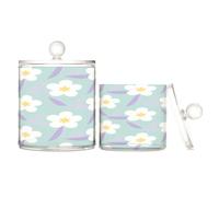 Amooorous Floral White Light Green Clear Plastic storage boxes with lid Dresser Essentials Decorative storage bin for Cotton Swabs,Cotton Pads,Floss Picks,Paper Clips,Hair Clips 2 Pack