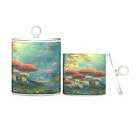 Amooorous forests Magic Mushroom Clear Plastic storage containers with lid Dresser Essentials Decorative small storage bins for Cotton Swabs,Cotton Pads,Floss Picks,Paper Clips,Hair Clips 2 Pack