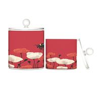 Amooorous Funny Crawling Bee Poppy Clear Plastic storage organizer with lid Office Essentials Decorative small storage bins for Cotton Swabs,Cotton Pads,Floss Picks,Paper Clips,Hair Clips 2 Pack