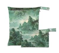 Amooorous Green Chinese Style Landscape Painting waterproof bags for swimmers 2 Pack travel essentials for baby with handles for daycare, travel