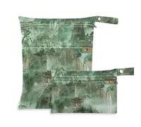 Amooorous Green Chinese Style Landscape Painting waterproof clothes bag 2 Pack travel essentials for baby with handles for bathing, bathing