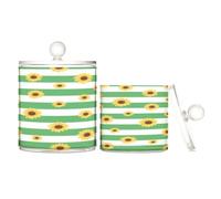 Amooorous Green White Striped Sunflower Clear Plastic Storage Container Jars with lid Pantry Essentials Decorative storage bin for Cotton Swabs,Cotton Pads,Floss Picks,Paper Clips,Hair Clips 2 Pack
