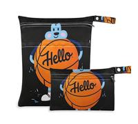 Amooorous Hello Cartoon Cute Orange Basketball zippered wet swimsuit bag 2 Pack travel essentials for babies with handles for travel, travel