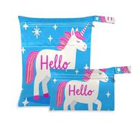 Amooorous Hello Cartoon Cute White unicorns reusable bags for wet 2 Pack travel essentials for baby with handles for daycare, yoga