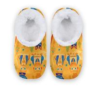 Amooorous Indian Pharaoh Style Cats Brigher Anti-Slip Rubber Sole Women's Closed Back House Slippers Coral Fleece Soft House