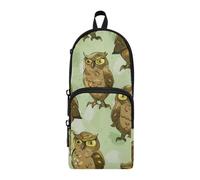 Amooorous Light Green Background with Lots Of Little Brown Owls on It Nylon 3 Compartments Pencil Bags For Boys Large Capacity Big Zipper Pencil Case Stationery Bag for Student School supplies 1600ml