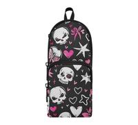 Amooorous Love You To Death Skull & Peach Heart Nylon 3 Compartments Teen Pencil Bag study&multifunctional Pencil Case For Teen School Stationery for Women Office 1600ml
