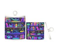 Amooorous Magic Library Colorful Halloween Clear Plastic bins for storage with lid Pantry Essentials Decorative storage bins for Cotton Swabs,Cotton Pads,Floss Picks,Paper Clips,Hair Clips 2 Pack