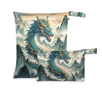 Amooorous Mountain Clouds Chinese Dragon Green zippered waterproof dry bag 2 Pack travel essentials for flying with handles for beach, daycare