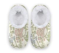 Amooorous Pink Blue Floral William Morris Pattern Anti-Slip Rubber Sole Women's Closed Back House Slippers Coral Fleece