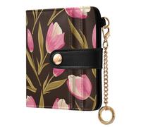 Amooorous Pink Tulipa Green Leaves Flat Illustration Style Waterproof Women's Folding Wallet PU Leather Wallet with Card Slots for Men Women Travel