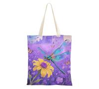 Amooorous Purple Flower Dragonfly Tote Bag For Women Canvas with handles Womens Tote Bag Canvas Totes For Women for Travel Bolsa de lona
