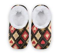Amooorous Red and Black Poker Board Grid Non-Slip Women's Closed Back House Slippers Coral Fleece Spa Slippers for Hotel