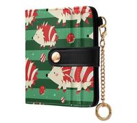 Amooorous Red and Green Striped Playful Hedgehog Christmas Convenient Ladies PU Leather Bifold Wallet PU Leather Wallet with Card Slots for Men Women Travel