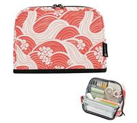 Amooorous Red and White Japanese Waves Pencil Box Large Capacity Upright Storage Bag Portable Storage Organizer for Teen Girls Office estuches de maquillaje para Mujer