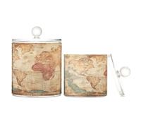 Amooorous Retro Ancient Map Clear Plastic storage boxes with lid Bathroom Essentials Decorative Dental floss storage jar for Cotton Swabs,Cotton Pads,Floss Picks,Paper Clips,Hair Clips 2 Pack