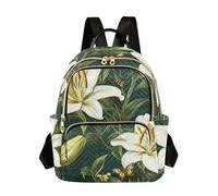 Amooorous Retro Lily Flower Green and White、 14 Inch trendy, stylish backpack for women purse large capacity backpack for school&nurse