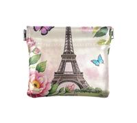 Amooorous Romantic Parisian Iron Tower with Flowers Pink Small Leather Coin Purse Convenient Card Key Organizers for Women, Romantic Parisian Iron Tower with flowers pink, One Size