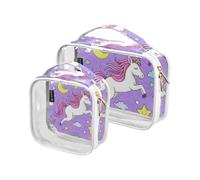 Amooorous Set of 2 Transparent Decorative Toiletry Bags with Cute Unicorns and Purple Stars and Peach, TSA Approved, Cute Cartoon Unicorn Star Purple Peach, 1, Cute Cartoon, cute cartoon unicorn star