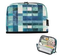 Amooorous Square Geometric Plaid Stripe Embroidery Robin Blue Pencil Case Bag Large Capacity Make Up Bag Multifunctional Storage Organizer for Girls Elementary estuches de maquillaje para Mujer