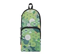 Amooorous Traditional Green Japanese Ukiyo-e Flower Nylon 3 Compartments Pencil Bags For Teen Girls study&multifunctional Pencil Case With Compartments Stationery for Adults Elementary 1600ml