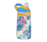 Amooorous Tropical Leaves Red Hibiscus Flowers Starfish Hawaiian Style Water Bottle with Silicone Straw Wide Mouth Leakproof Travel Cup for Gym Travel Home School Office termos para agua