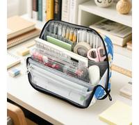Amooorous White Daisies Flowers Blue Background_2 Pencil Case Organizer Large Capacity Makeup Bag Multi-Slot Case Pencil Holder for Teens High School estuche para lapices