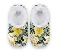 Amooorous William Morris White Lily Peony Anti-Skid Sole Women's Closed Back House Slippers Coral Fleece House Slipper for