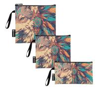 Amooorous Wolf Indian Style 3 Piecing Reusable Kids Snack Bags Portable Diaper Bag Organization for Travel Items, Home Organization