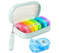 AMOOS Cute Pill Organizer 2 Times a Day, PU Leather Pill Case for Women, Portable Weekly Pill Box for Purse with Storage Bag to Hold Vitamins, Medications, Fish Oils, Supplements (Cyan Blue)