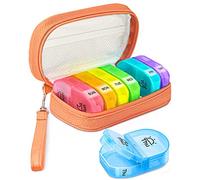 AMOOS Cute Pill Organizer 2 Times a Day, PU Leather Pill Case for Women, Portable Weekly Pill Box for Purse with Storage Bag to Hold Vitamins, Medications, Fish Oils, Supplements (Orange)