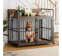 Amopatio Dog Crate Furniture, Large Dog Cage with 2 Doors, Heavy Duty Dog Kennel Indoor for Small Medium Large Dogs, Wooden Dog House, Rustic Brown, 110x70x100cm