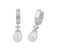 Amor Creoles Women Ear jewelry, with Zirconia synth., with Freshwater cultured pearl, 2,9 cm, Silver, Comes in jewelry gift box, 2017288