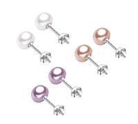 AMOR SPES 3 Pairs Pink Purple White Real Pearl Earrings 925 Sterling Silver 7mm 8mm 10mm Freshwater Cultured Pearl Stud Earrings Set (9-10mm)
