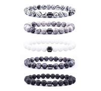 AMOR SPES 5PCS Natural Stone Beads Bracelet Set Turquoise Volcanic Stone Wrap Bracelets Beach Gifts Black White Grey (A)