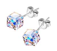 AMOR SPES Iridescent Color Change Crystal Square S925 Sterling Silver Stud Earrings Women Girl Gifts (Iridescent)