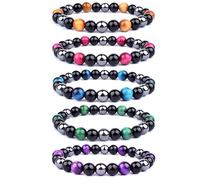 AMOR SPES Natural Stone Tiger Eye Beads Bracelet Handmade Healing Energy Elastic Bracelets for Men Woman (5 piece set)
