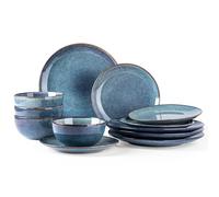 AmorArc Ceramic Dinnerware Sets for 4, 12 Pieces Handpainted Plates and Bowls Set, Scratch Resistant Stoneware Dishes Set, Dishwasher & Microwave Safe, Ceylon Blue