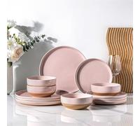 AmorArc Ceramic Dinnerware Sets for 4, 12 Pieces Handpainted Plates and Bowls Set with Rustic Terracotta Underside, Scratch Resistant Stoneware Dishes Set, Dishwasher & Microwave Safe, Cloud Pink