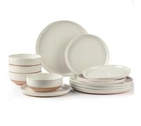 AmorArc Ceramic Dinnerware Sets for 4, 12 Pieces Handpainted Plates and Bowls Set with Wavy Rim, Scratch Resistant Stoneware Dishes Set, Dishwasher & Microwave Safe, Light Beige, ADW83