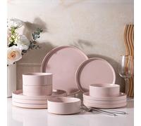 AmorArc Stoneware Dinnerware Sets for 4,12Pcs Plates and Bowls Set | Handmade Ceramic Dish Set,Dishwasher & Microwave Safe,Scratch Resistant-Pink