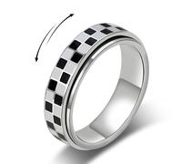 AmorArtSky Checkered Fidget Ring for Adults - 18K Gold Plated Stainless Steel Rotating Spinner Jewelry, Anxiety & Stress Relief Gift for Women/Men (Black and White Pattern), size 8, Stainless Steel