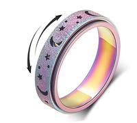 AmorArtSky Spinner Ring for Anxiety Relief Fidget: Anxiety Ring for Women Men, Titanium Stainless Steel Spinner Ring, 5 Colors, 6MM, Size 10, Fidget Ring, Moon Star, Hollow Outer-Rainbow