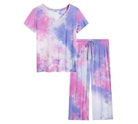 Amorbella Capri Pyjamas Bamboo Sets Ladies Thin Breathable Cool Nightwear for Hot Flashes (Tie Dye Purplepink, Small)