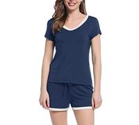 Amorbella Cooling Pjs Set for Women Bamboo Viscose V-Neck T-Shirt and Shorts Summer Ladies Sleepwear Menopause Jammies for Night Sweats (Navy Blue,XL)