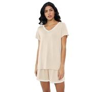 Amorbella Cooling Pjs Set for Women Bamboo Viscose V-Neck T-Shirt and Shorts Summer Ladies Sleepwear Menopause Jammies for Night Sweats (Cream,XL)