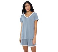 Amorbella Cooling Pjs Set for Women Bamboo Viscose V-Neck T-Shirt and Shorts Summer Ladies Sleepwear Menopause Jammies for Night Sweats (Dusty Blue,XL)